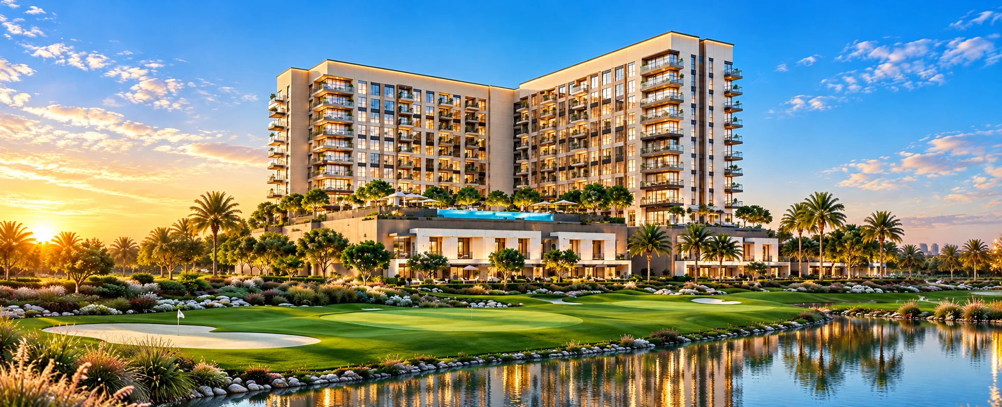 Illustrative image of Golf Vale apartments beside the Emaar South golf course and lake at sunset