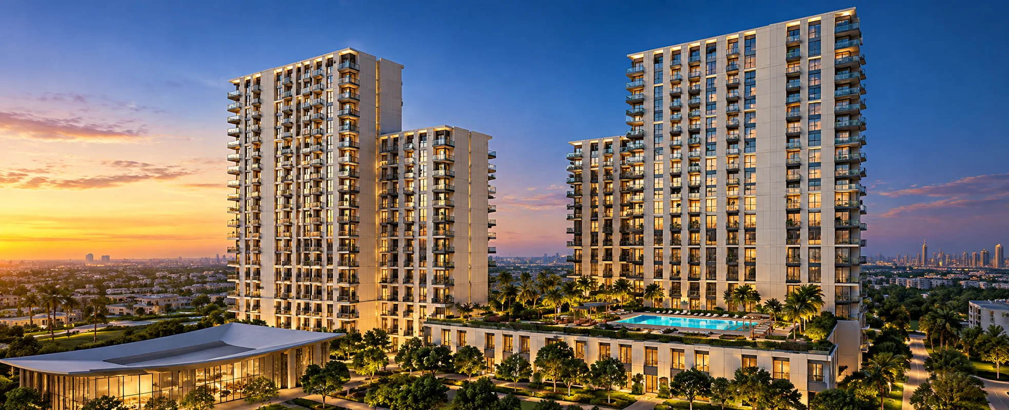 Illustrative image of the Hillsedge apartment towers at Dubai Hills Estate at dusk, with a podium pool, landscaped gardens and the city skyline