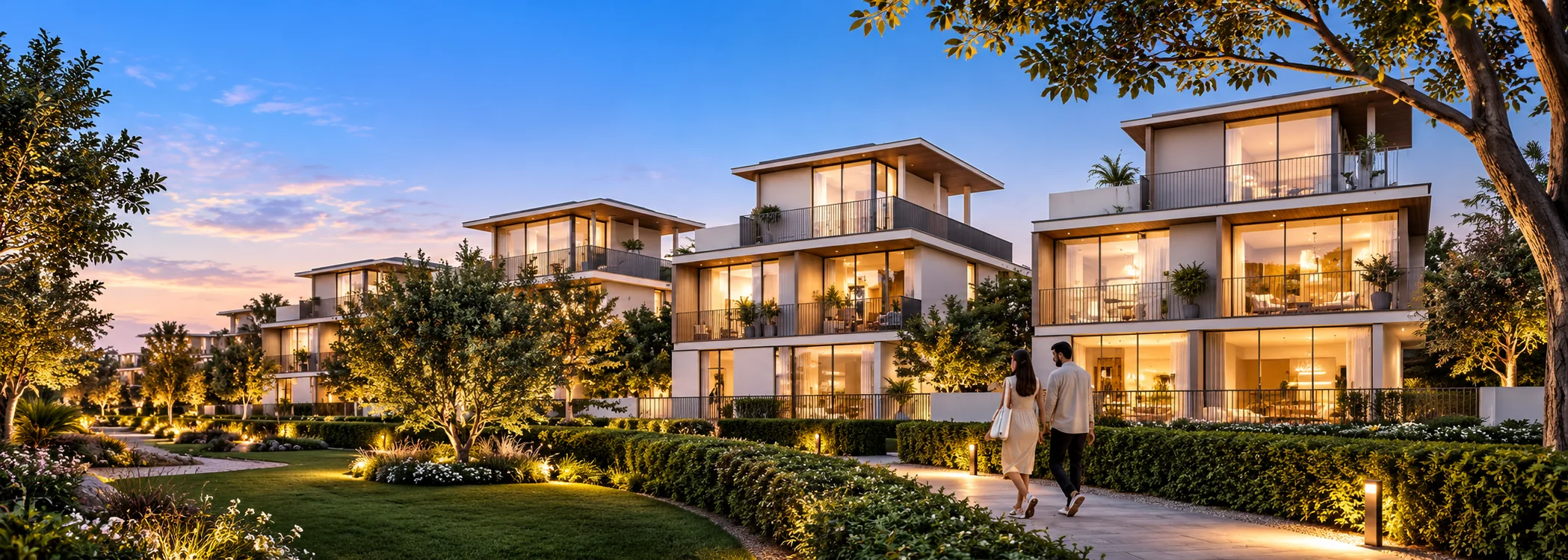 Illustrative image of contemporary villas at Selvara 3, Grand Polo Club & Resort, with landscaped gardens and a lit walkway at dusk