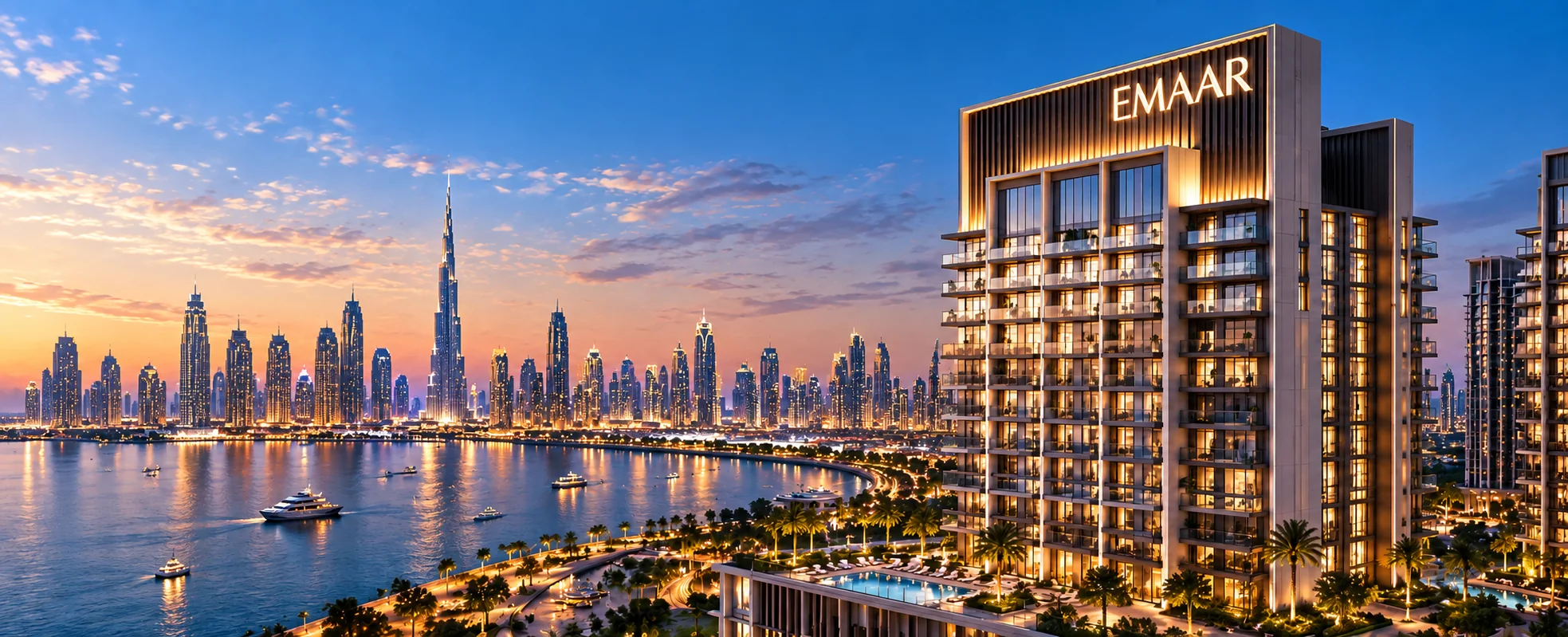 Illustrative image of Valia at Dubai Creek Harbour at dusk, with the creek, marina and Dubai skyline including Burj Khalifa
