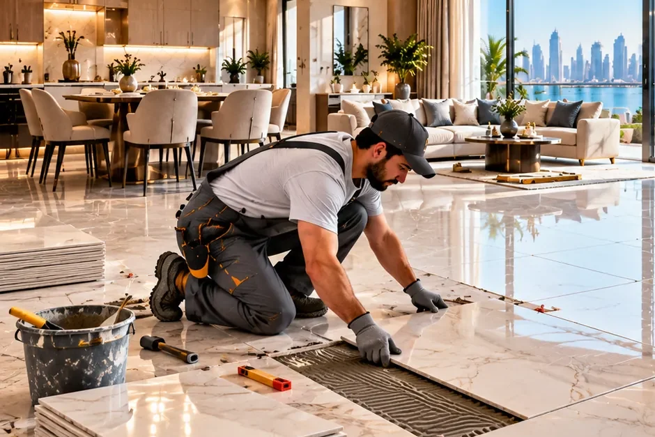 Illustrative image: a tiler laying large marble-effect floor tiles in an apartment overlooking the Dubai skyline