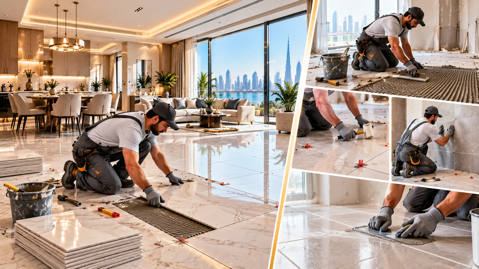Illustrative image: a tiler laying large marble-effect floor tiles in an apartment overlooking the Dubai skyline