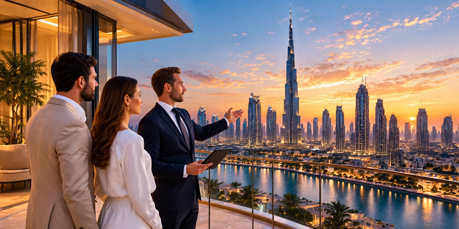 A Shaw Luxury adviser showing a couple the Dubai skyline from a residential terrace at sunset