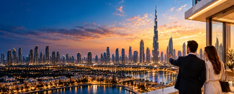 An adviser and a client on a terrace at sunset, looking out over waterfront homes towards the Dubai skyline