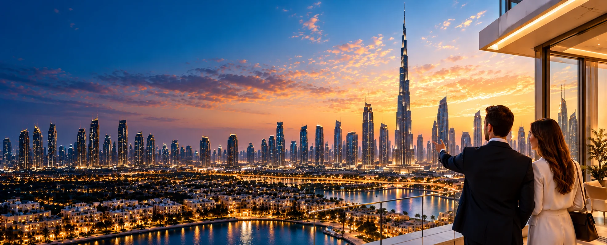 An adviser and a client on a terrace at sunset, looking out over waterfront homes towards the Dubai skyline