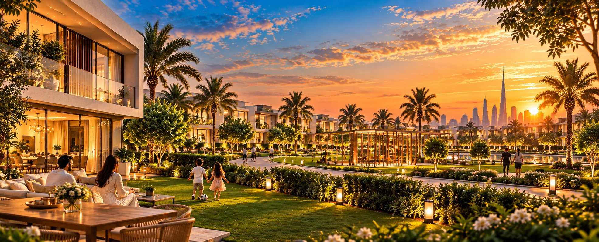 A family relaxing on a garden terrace at sunset in a landscaped villa community