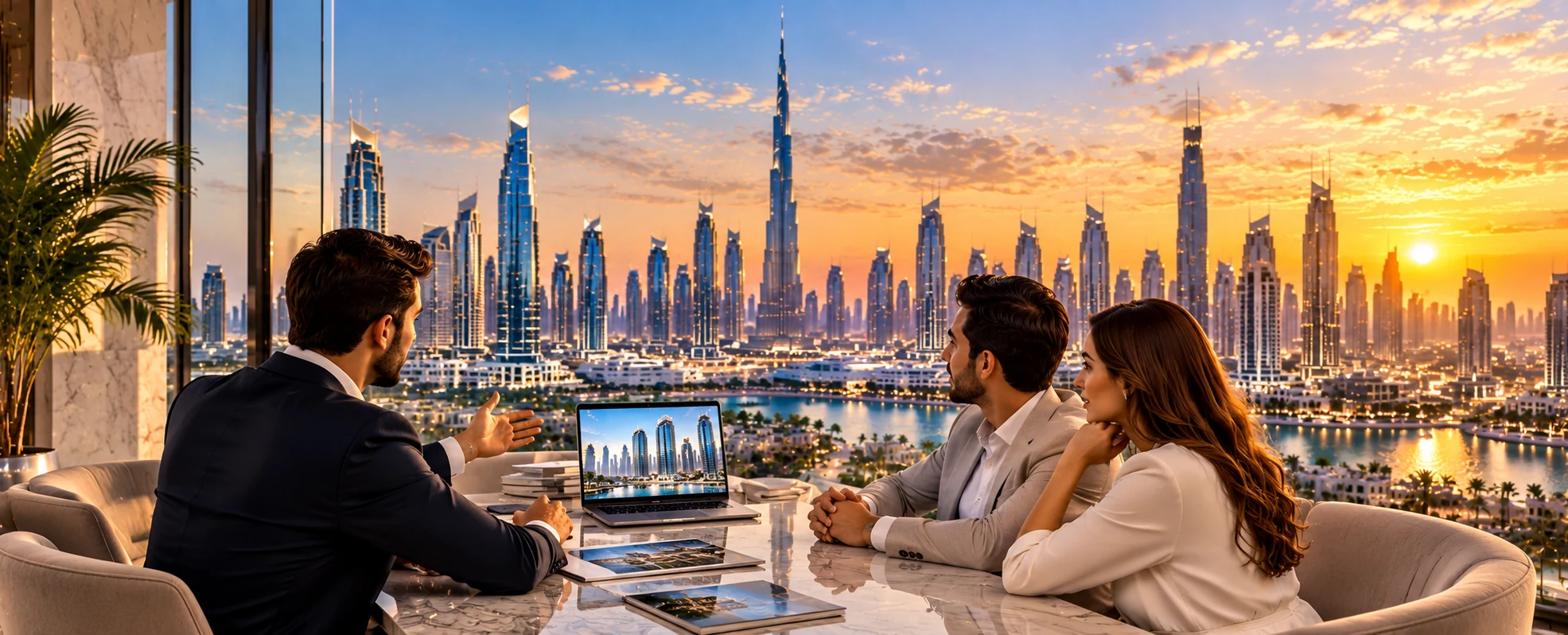 A Shaw Luxury adviser answering a couple's questions at a table overlooking the Dubai skyline at sunset