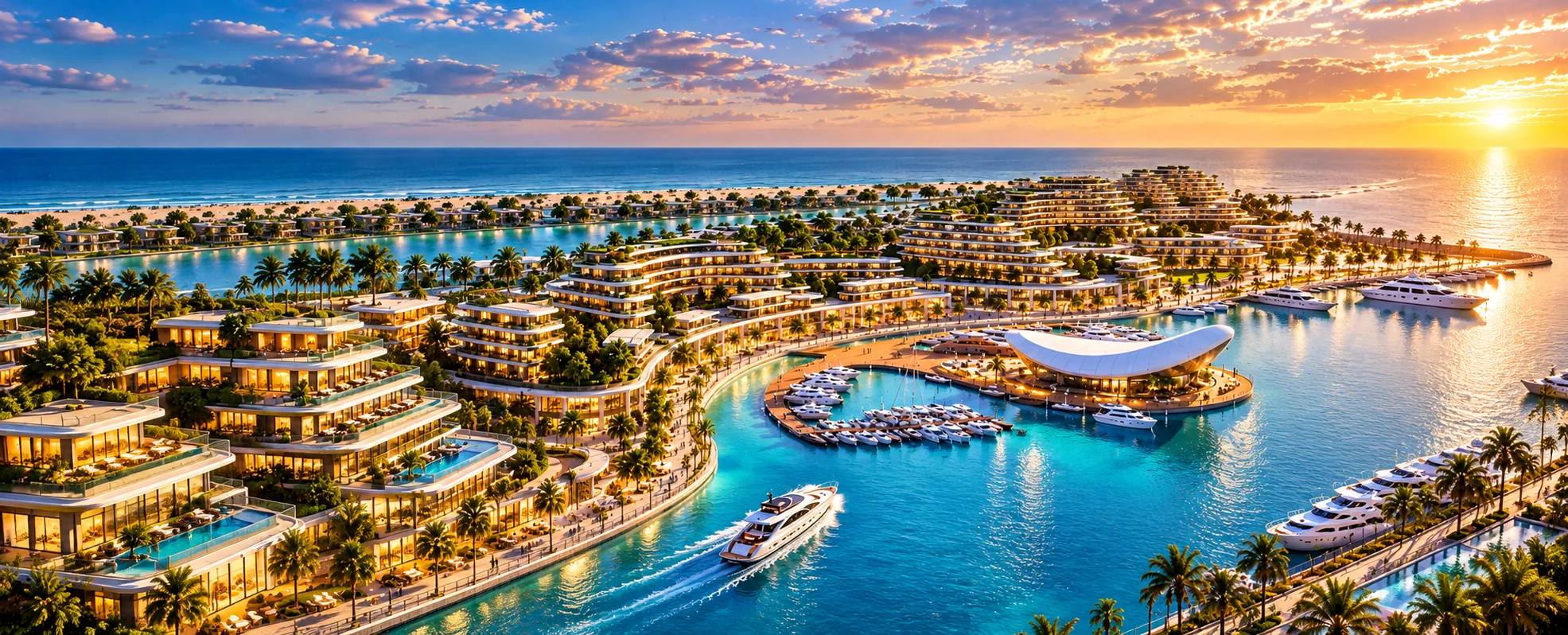 Terraced waterfront residences around a marina with yachts at sunset