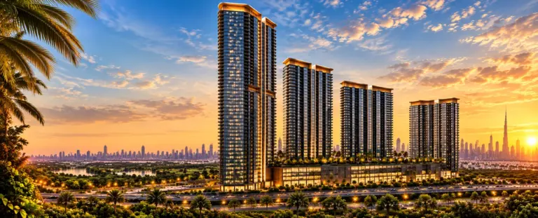 Residential towers above parkland at sunset, with the Dubai skyline on the horizon