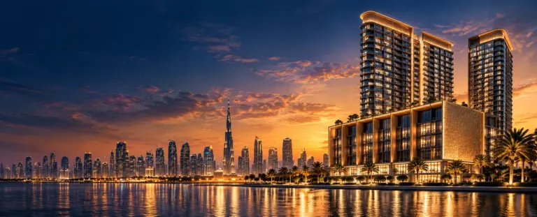Waterfront residential towers lit at dusk, with the Dubai skyline across the water