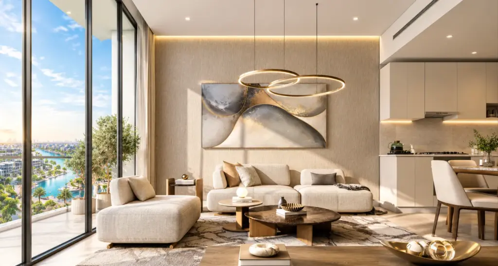 Illustrative image: an open-plan living room and kitchen with full-height glazing over a lagoon and landscaped community