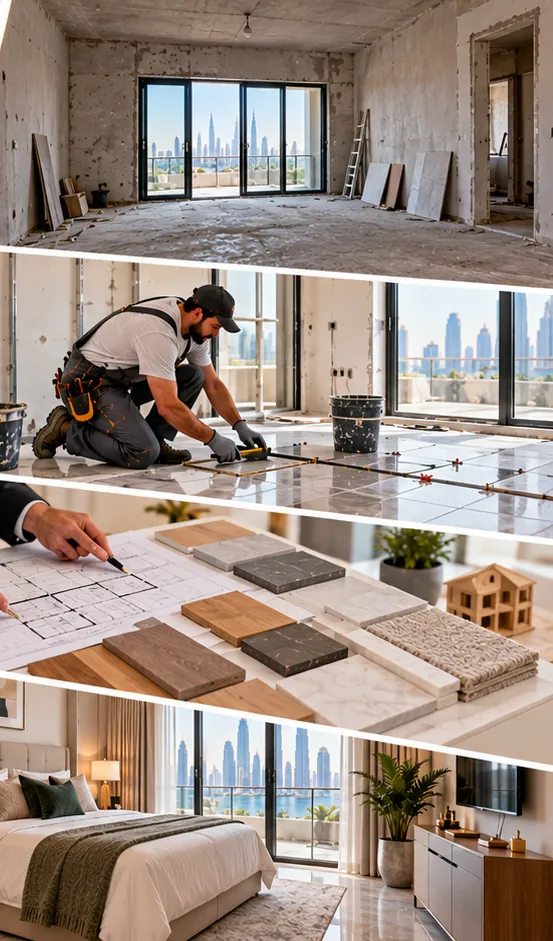 Illustrative image: an empty apartment, tiling work, floor plans with material samples and a finished bedroom with a skyline view