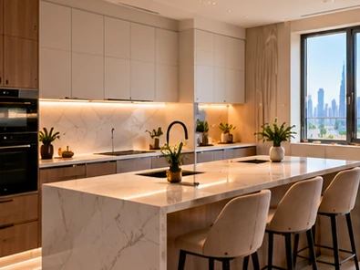 Illustrative image: the same kitchen renovated with white and wood cabinetry, built-in ovens, a marble-effect island and bar stools