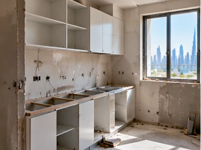 Illustrative image: kitchen under renovation with empty white cabinet carcasses, bare walls and an open ceiling panel