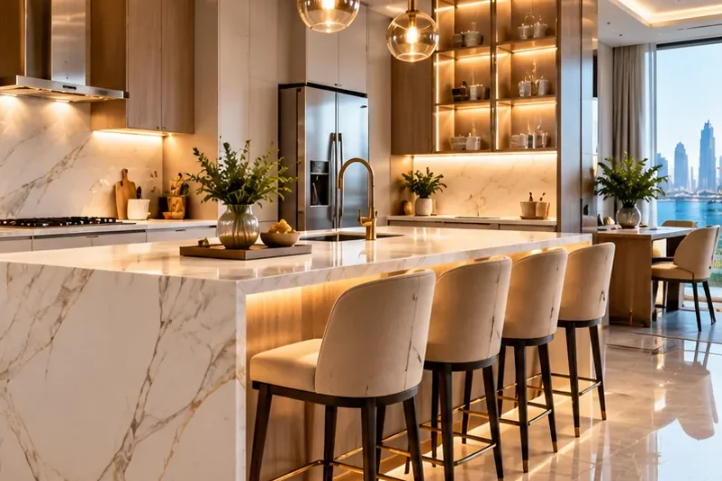 Illustrative image: a renovated kitchen with a marble waterfall island, bar stools, glass pendant lights and lit display cabinets