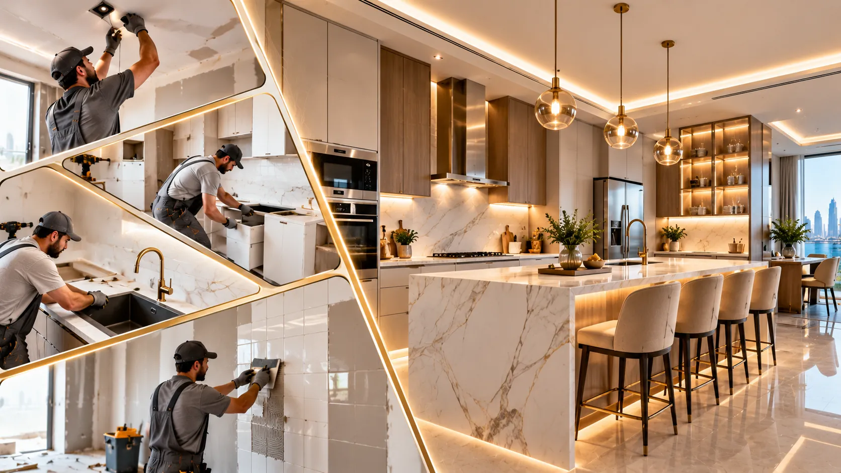 Illustrative image: a renovated kitchen with a marble waterfall island and bar stools, beside scenes of cabinet, sink and tile installation