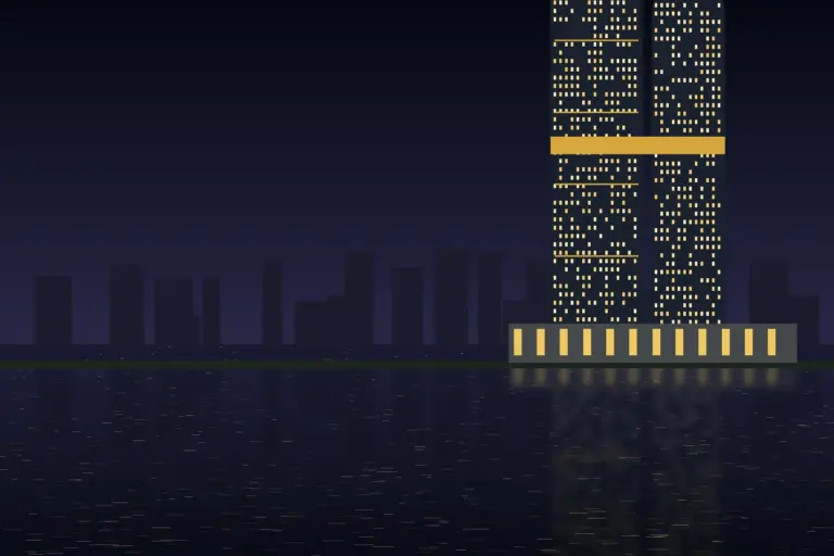 Dubai Marina towers lit up at night