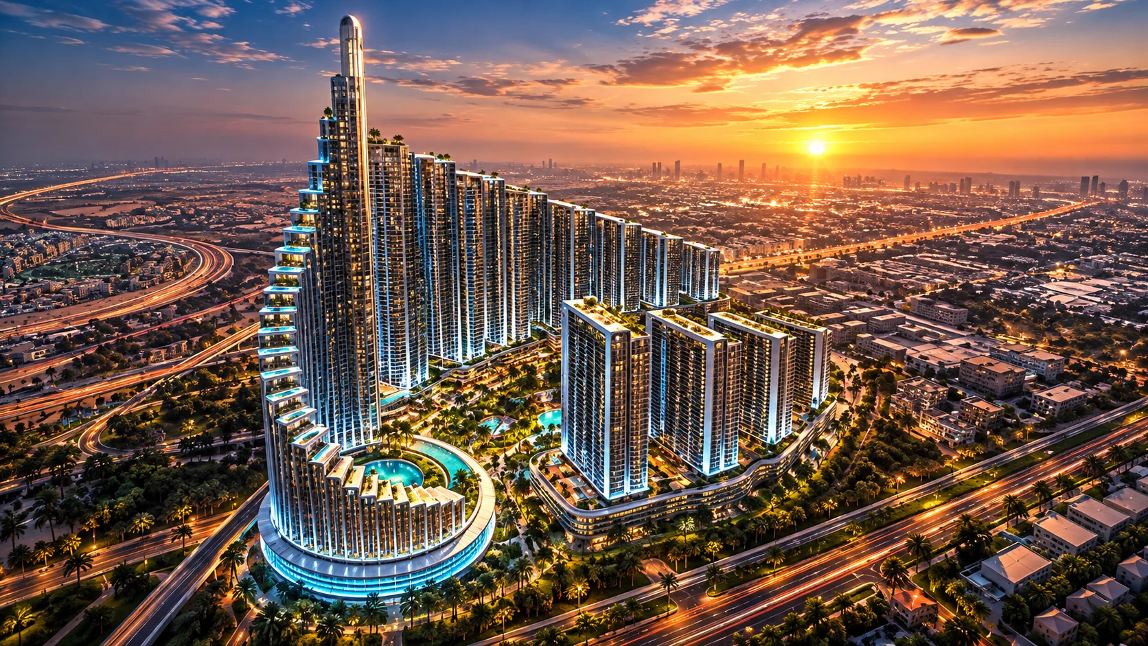 Illustrative aerial image of a master-planned community of residential towers around a central park, with a signature spire tower, at sunset