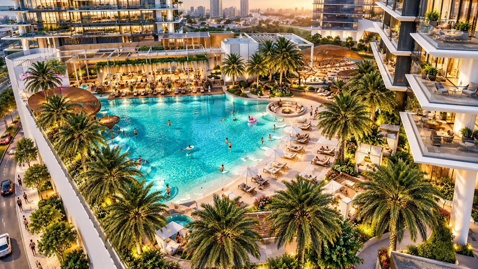 Mercer House by Ellington Properties: podium pool deck with palms and cabanas between the towers at dusk