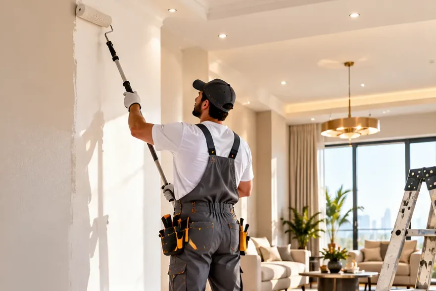Illustrative image: a decorator painting an interior wall with a long-handled roller in a bright apartment living room