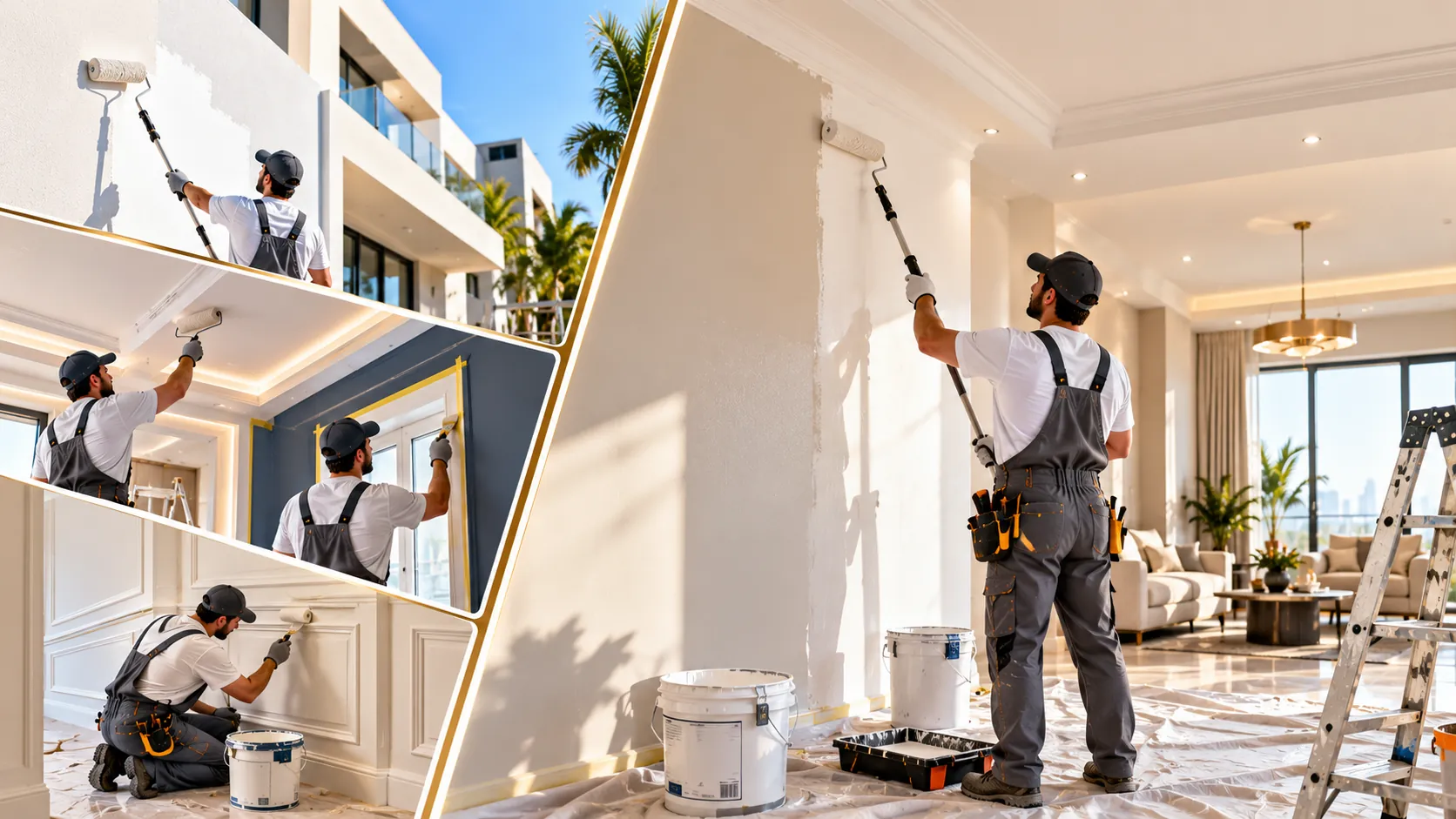 Illustrative image: decorators painting interior walls, wall panelling and an exterior facade
