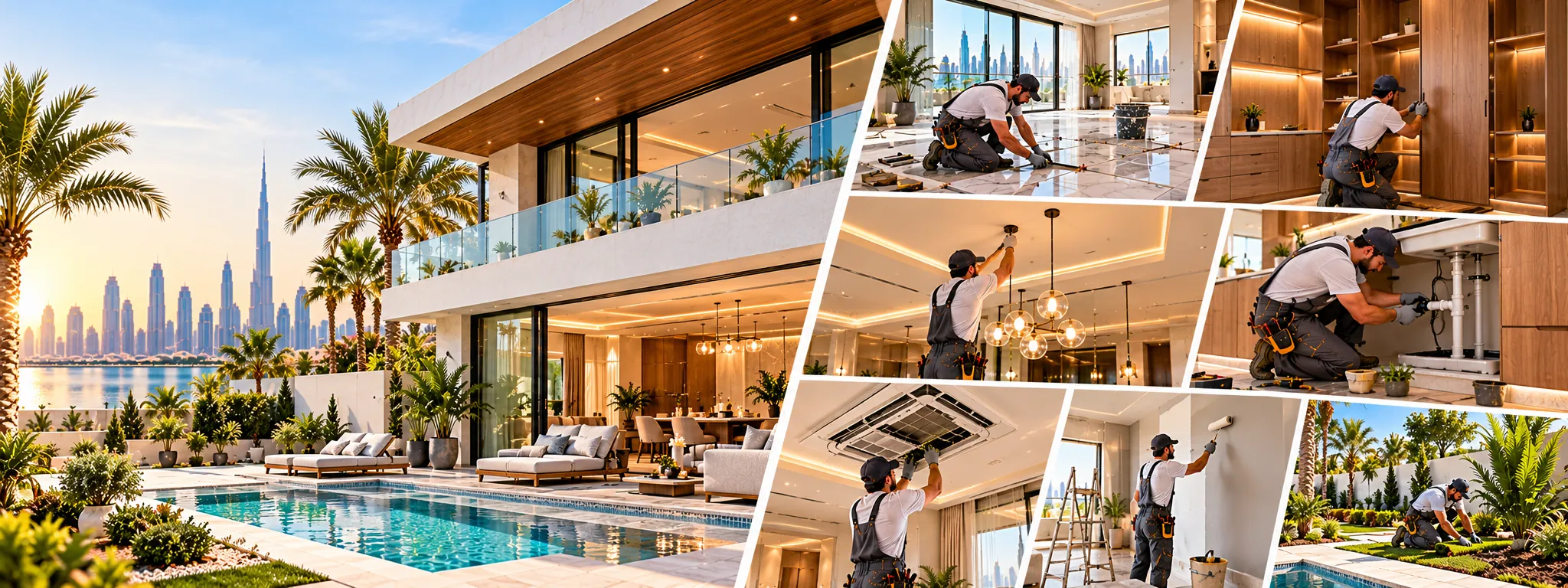 Illustrative image: a renovated contemporary villa with a pool and palm garden facing the Dubai skyline, beside scenes of flooring, joinery, lighting, plumbing, air-conditioning, painting and landscaping work
