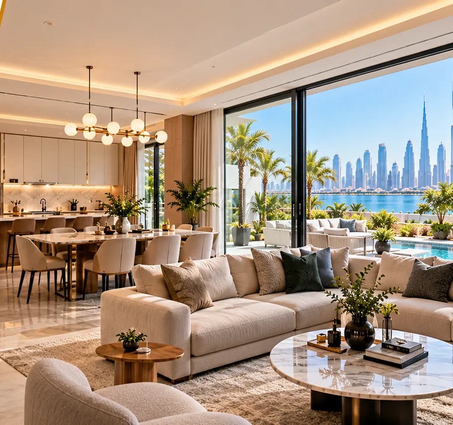 Illustrative image: a renovated, styled living and dining room with a terrace, pool and skyline view, ready for viewings