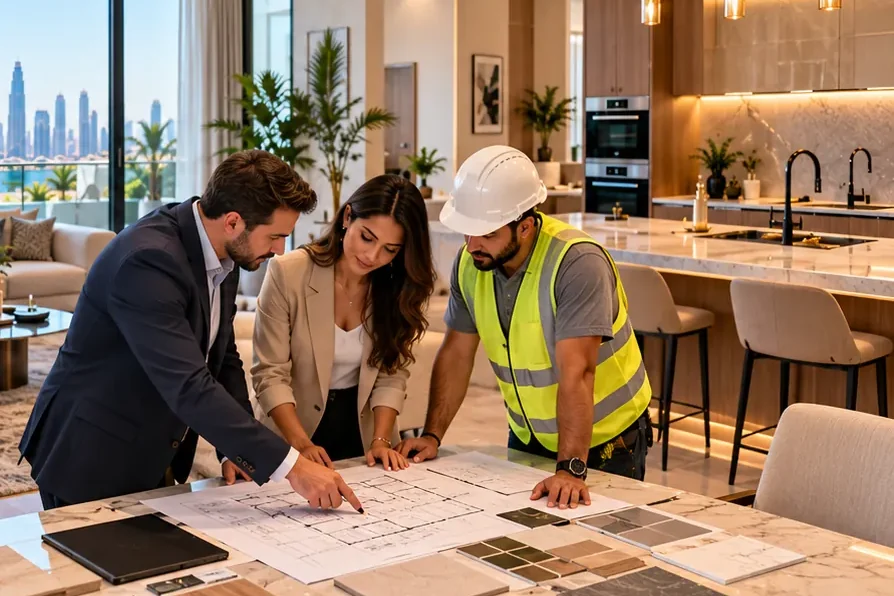 Illustrative image: an adviser, a homeowner and a site engineer reviewing floor plans and material samples in a renovated apartment