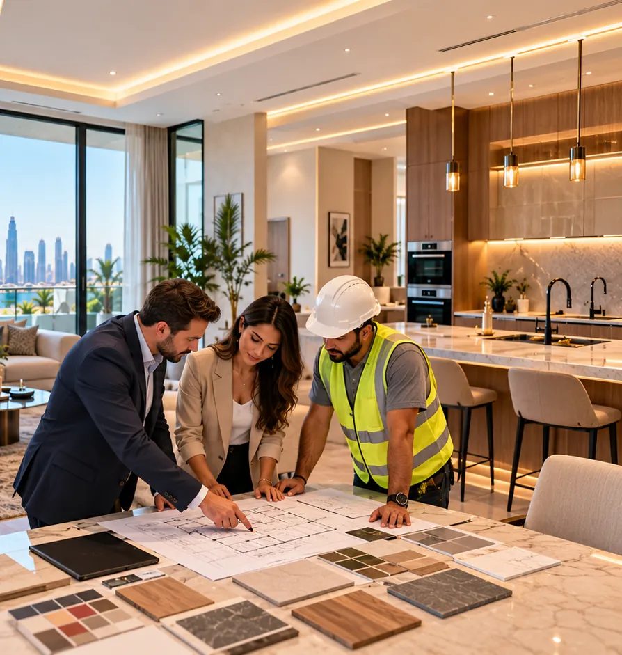 Illustrative image: an adviser, a homeowner and a site engineer reviewing floor plans and material samples in a renovated apartment