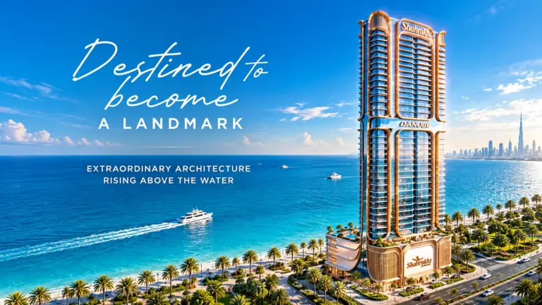 Shahrukhz Residences by Danube tower on the waterfront in Dubai Maritime City.