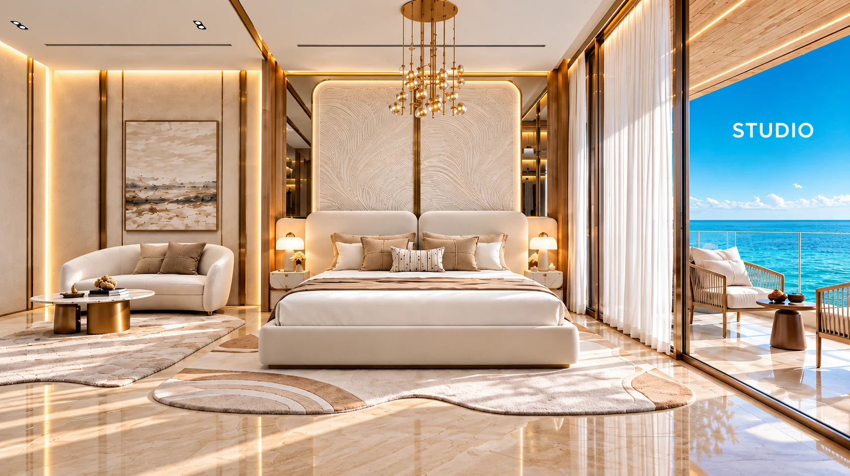 Rendering of a furnished studio at Shahrukhz Residences with a bed, lounge chair and floor-to-ceiling glass facing the sea