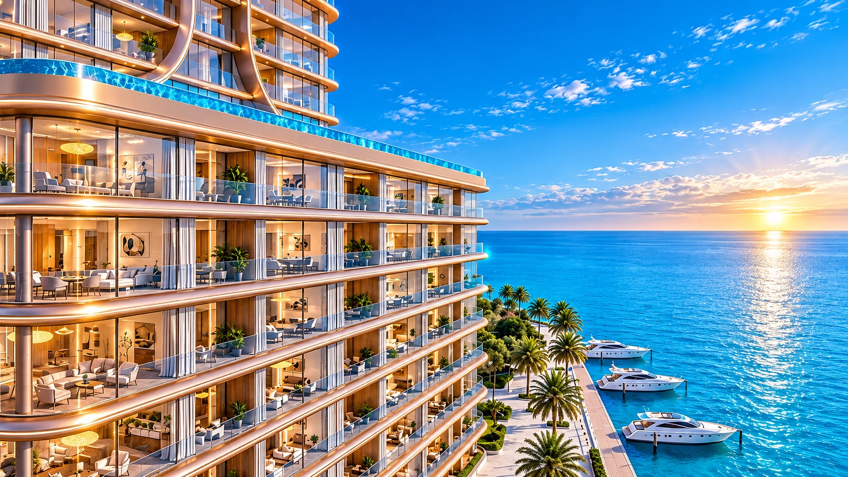 Shahrukhz Residences by Danube tower and podium pool in Dubai Maritime City.