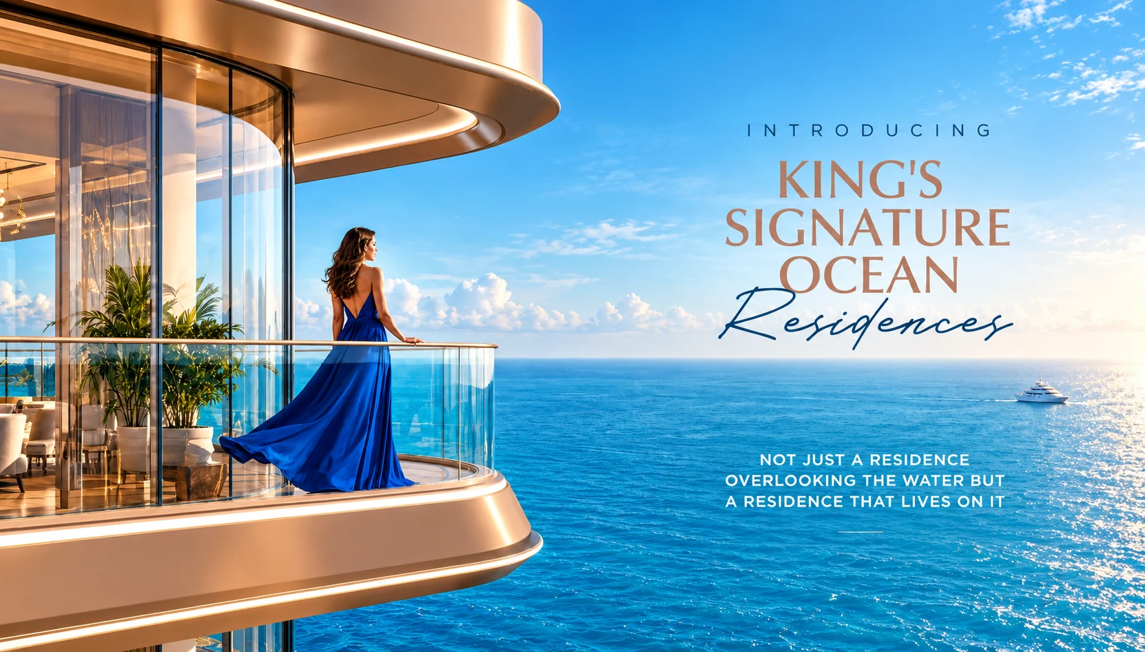 Rendering of a woman on the curved glass balcony of a King's residence at Shahrukhz Residences, overlooking the open sea