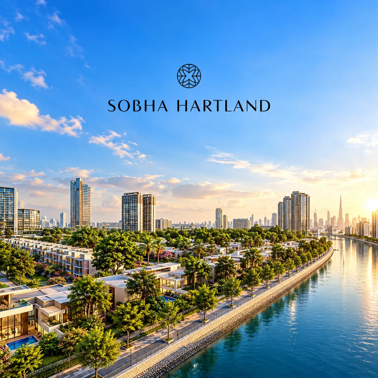 Aerial view of Sobha Hartland villas and towers along the water with the Dubai skyline