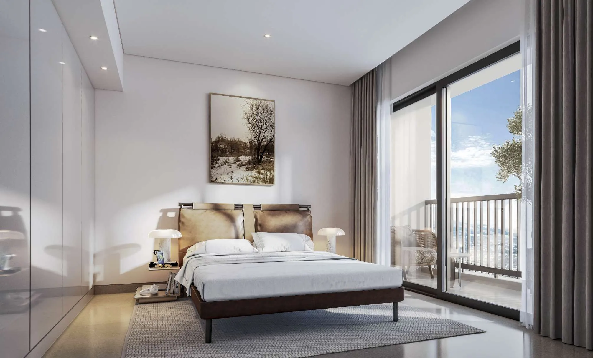 Rendering of a Sobha Orbis apartment bedroom with built-in wardrobes and sliding doors to a balcony