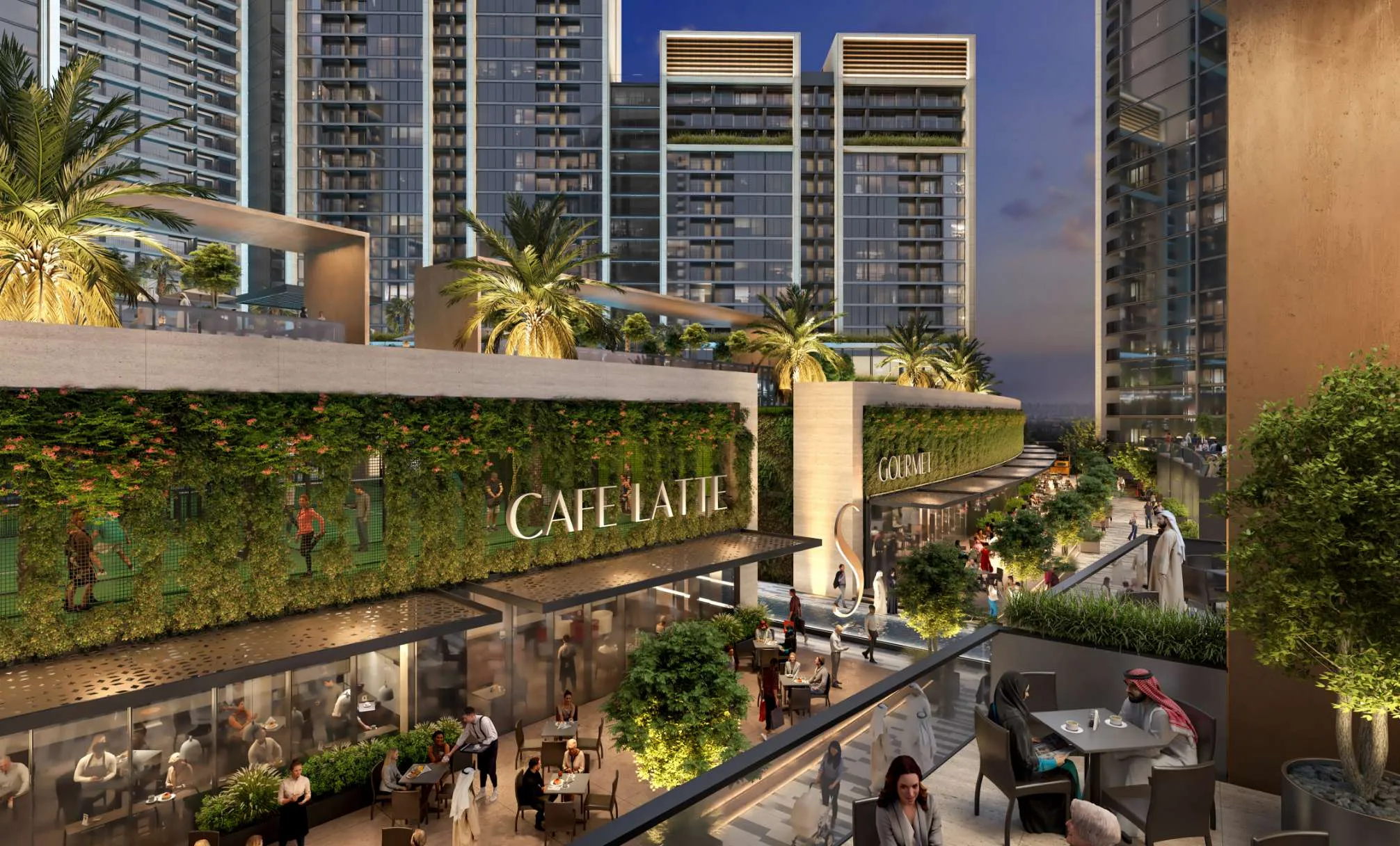 Evening rendering of the Sobha Orbis dining promenade with cafe terraces, green walls and the residential towers behind