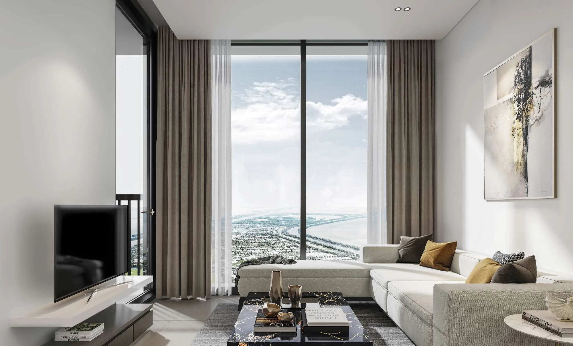 Rendering of a Sobha Orbis apartment living room with an L-shaped sofa, a marble coffee table and floor-to-ceiling windows
