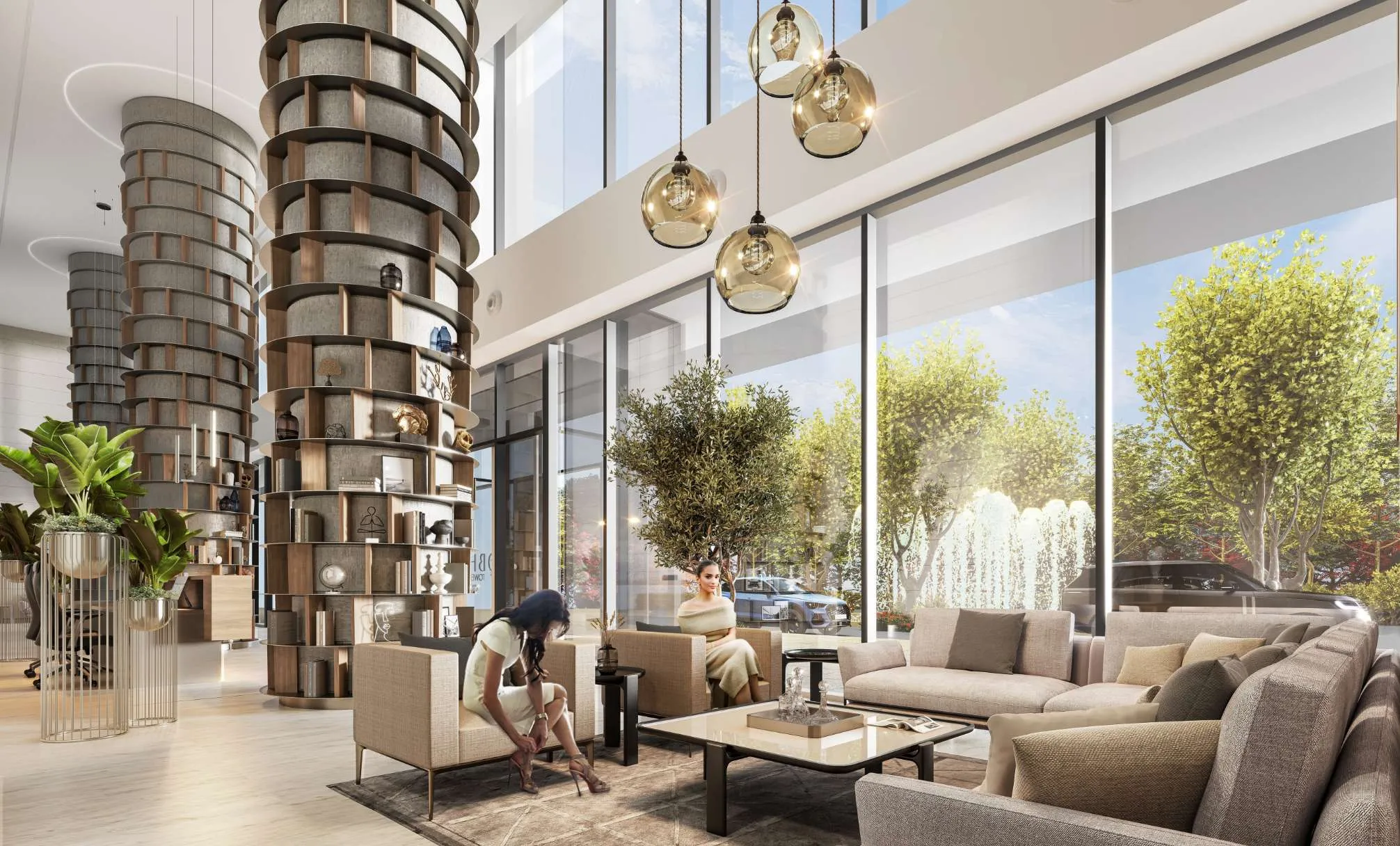Rendering of the Sobha Orbis double-height lobby lounge with shelving columns, pendant lights and garden views