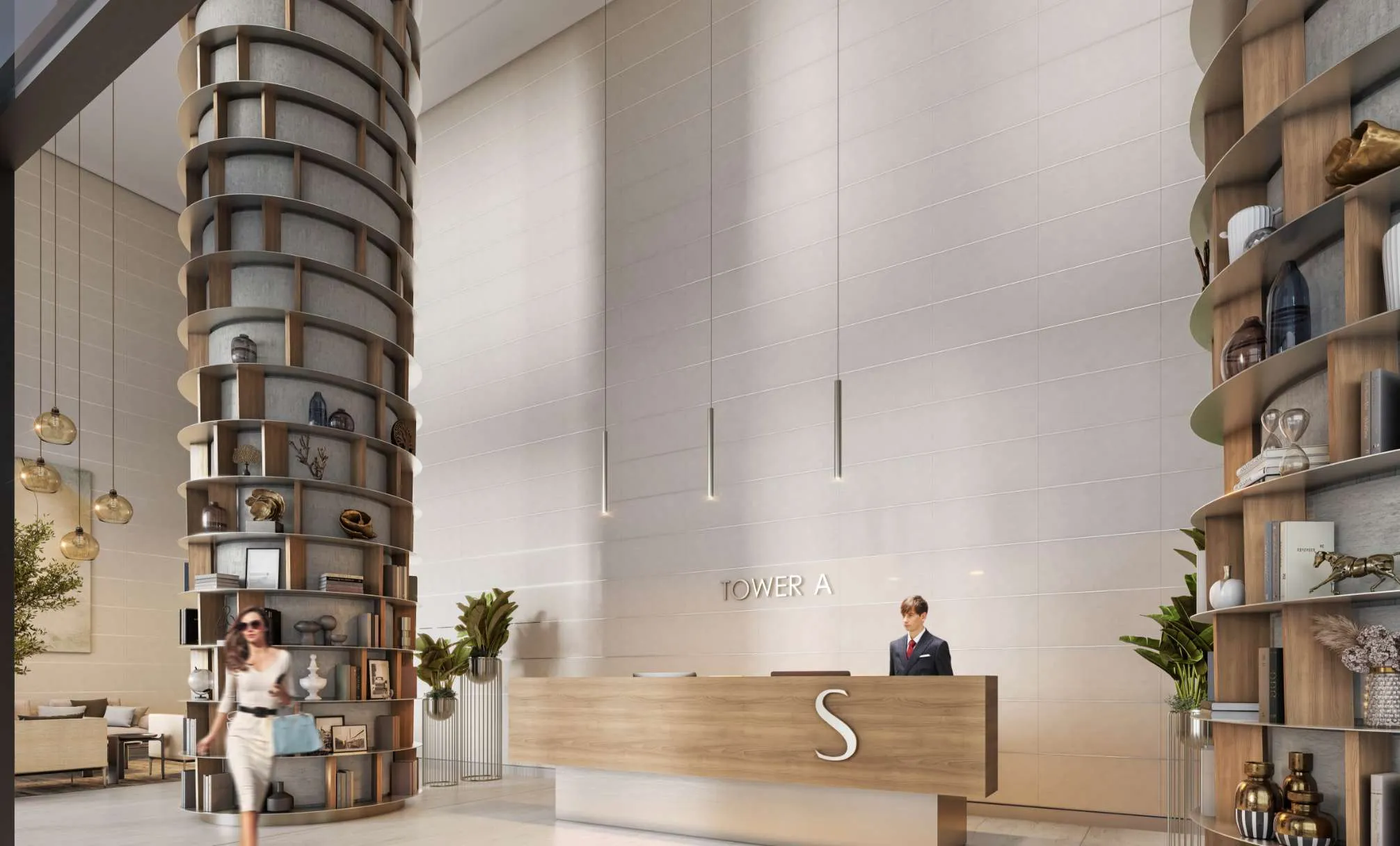 Rendering of the Tower A reception desk in the Sobha Orbis lobby, framed by curved shelving columns