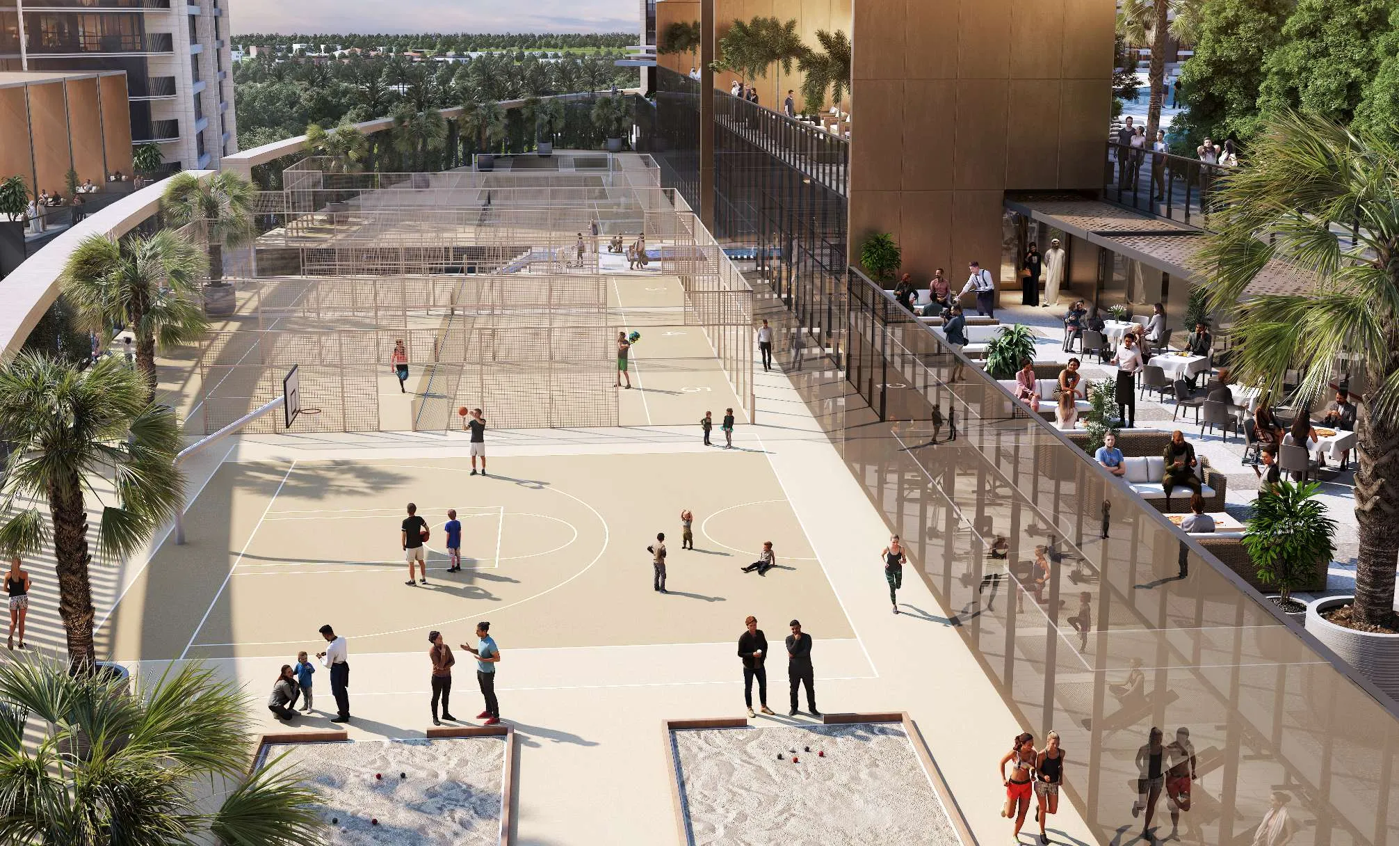 Rendering of the Sobha Orbis podium with a basketball court, enclosed sports courts, bocce pitches and a dining terrace