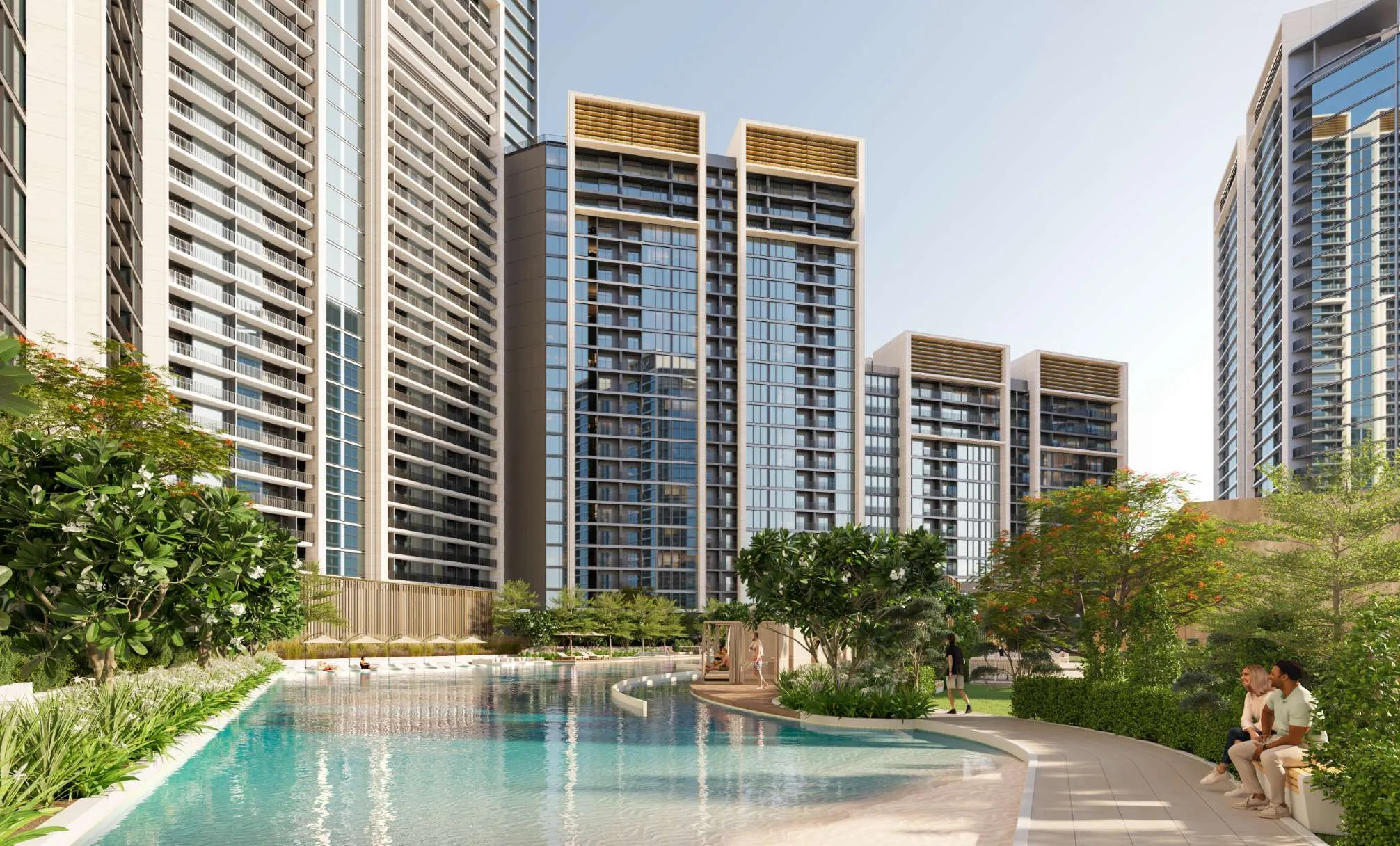 Rendering of the Sobha Orbis towers above a landscaped lagoon-style pool and garden walkway