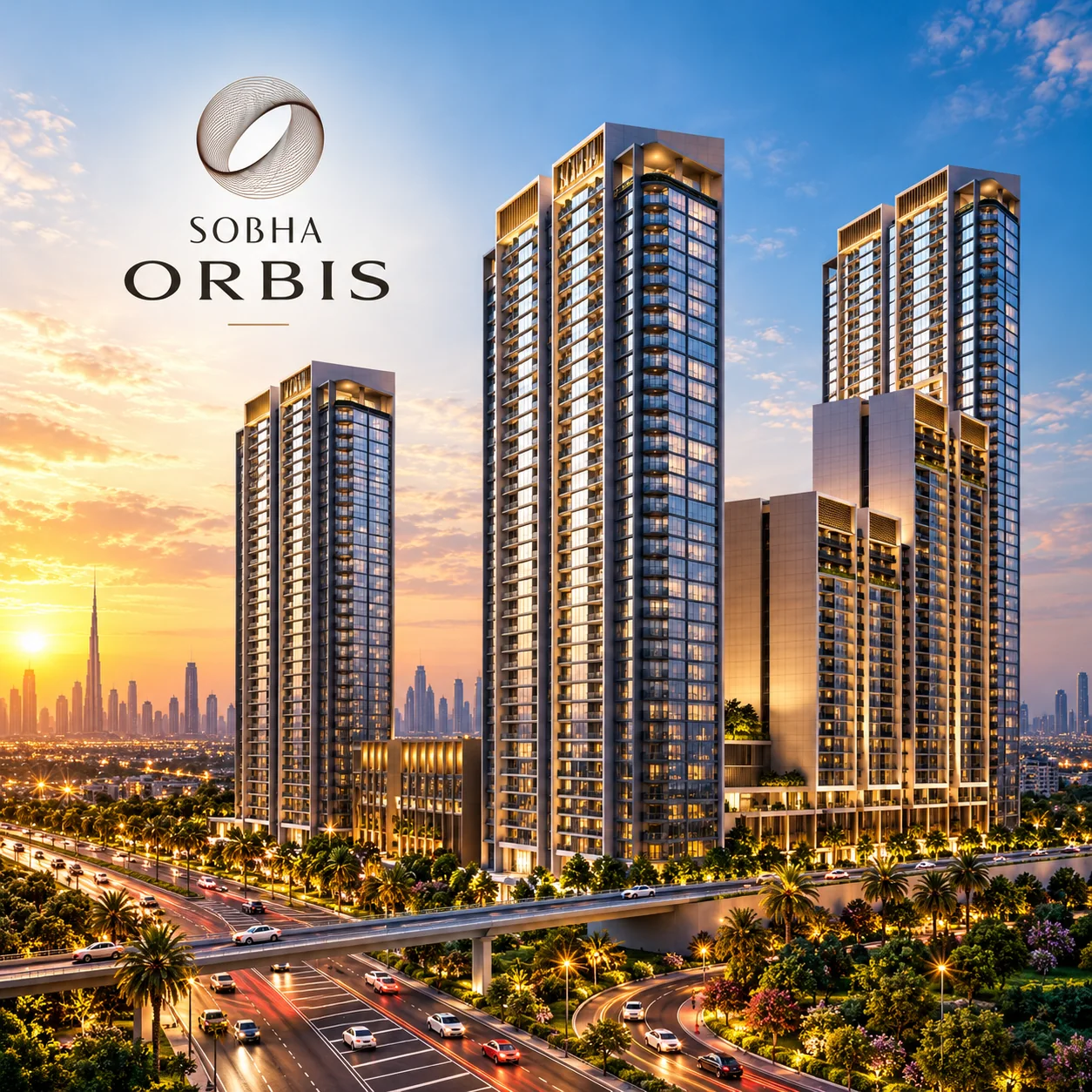 Sobha Orbis towers in Motor City at sunset with the Dubai skyline