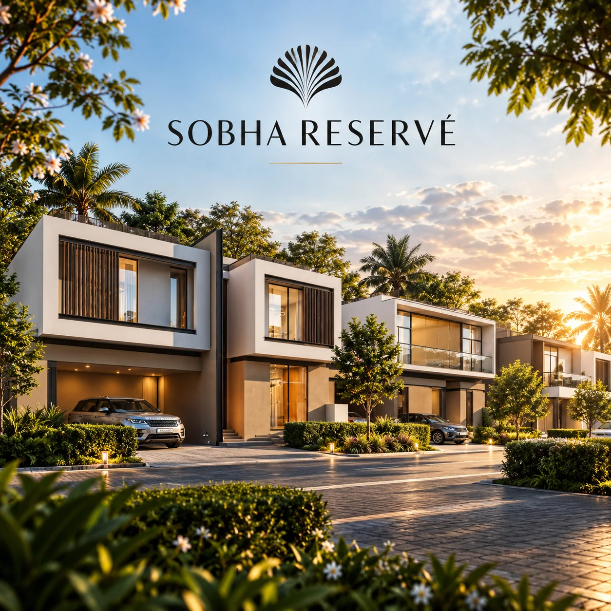 Contemporary Sobha Reserve villas with gardens and driveways at sunset