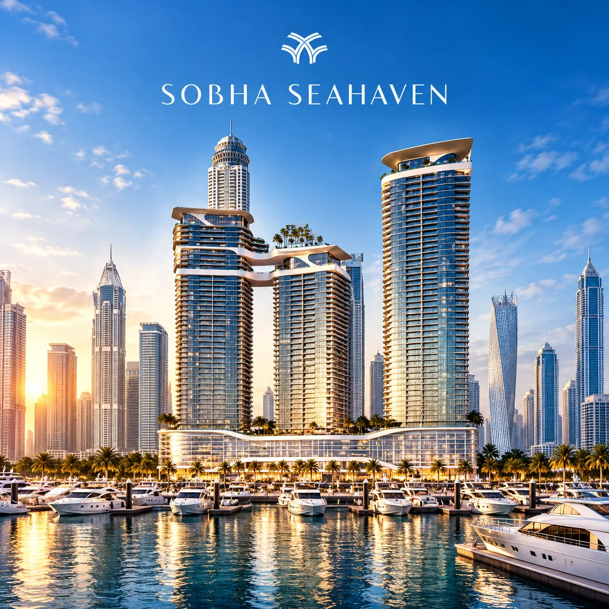 Sobha SeaHaven towers above a marina full of yachts in Dubai Harbour