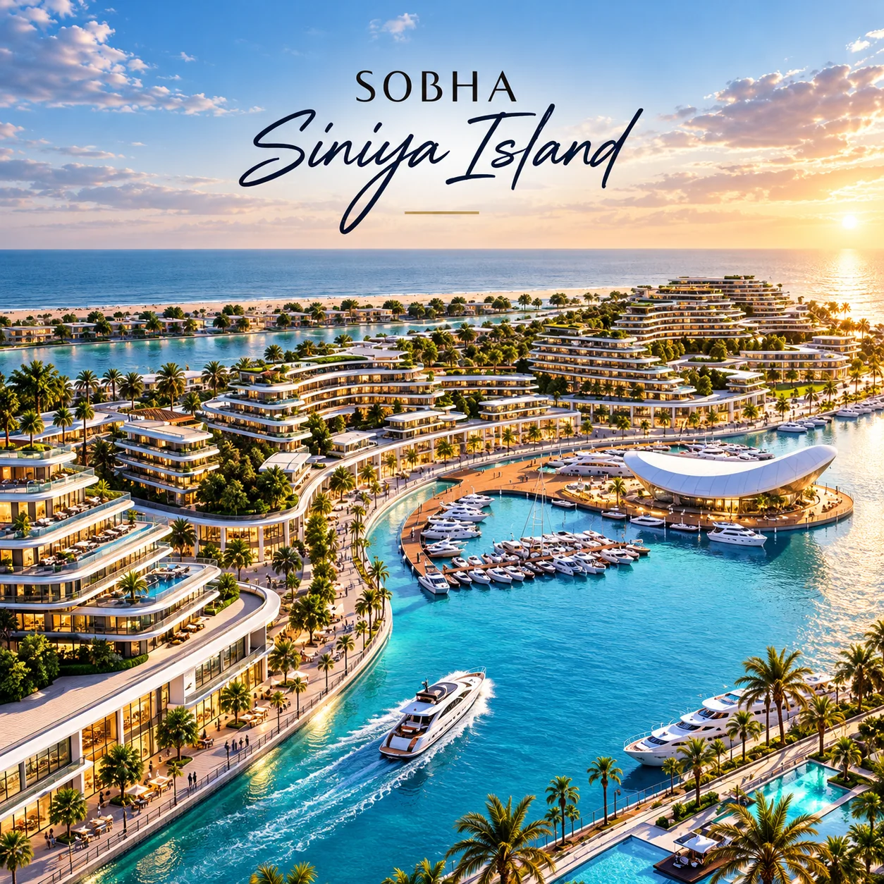 Aerial view of Sobha Siniya Island with terraced residences, marina and yachts at sunset