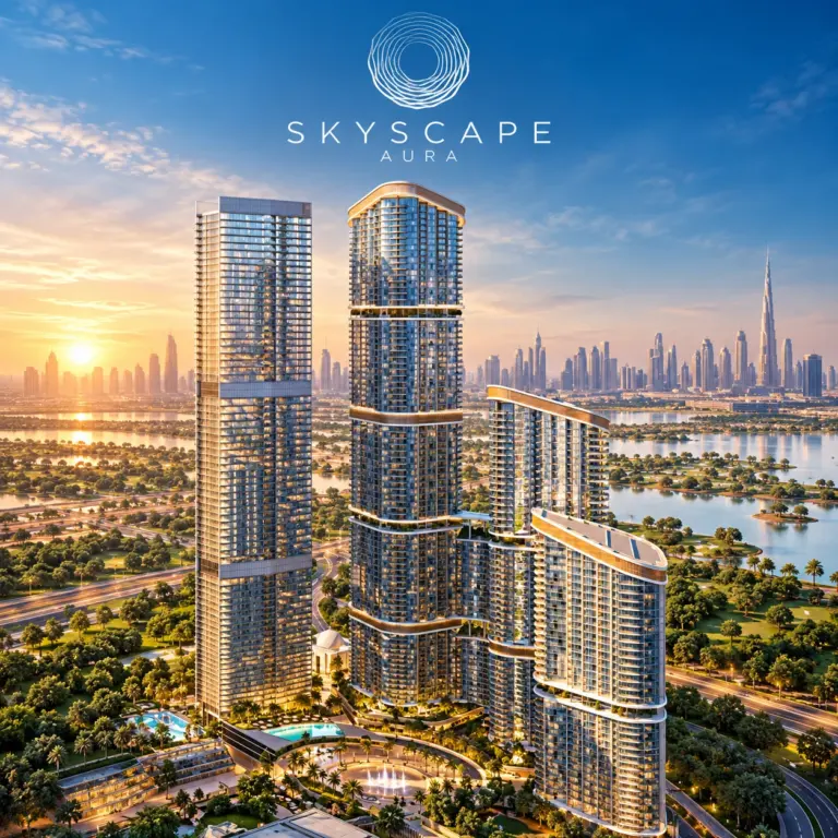 Skyscape Aura towers in Sobha Hartland II with lagoons and the Dubai skyline at sunset