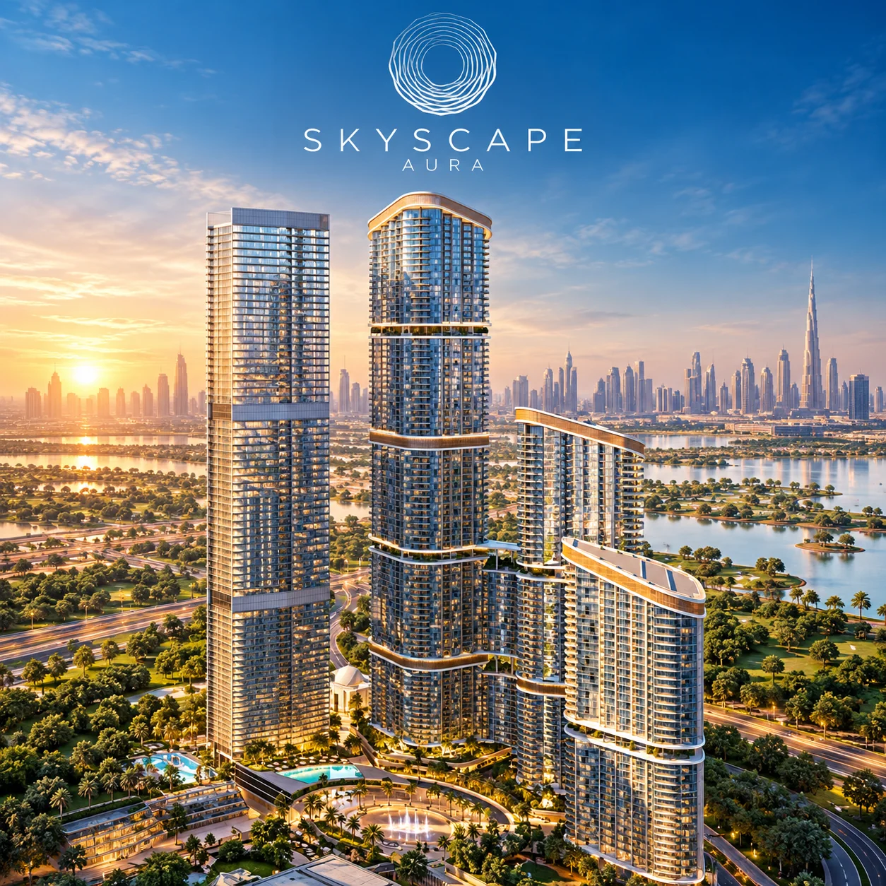 Skyscape Aura towers in Sobha Hartland II with lagoons and the Dubai skyline at sunset