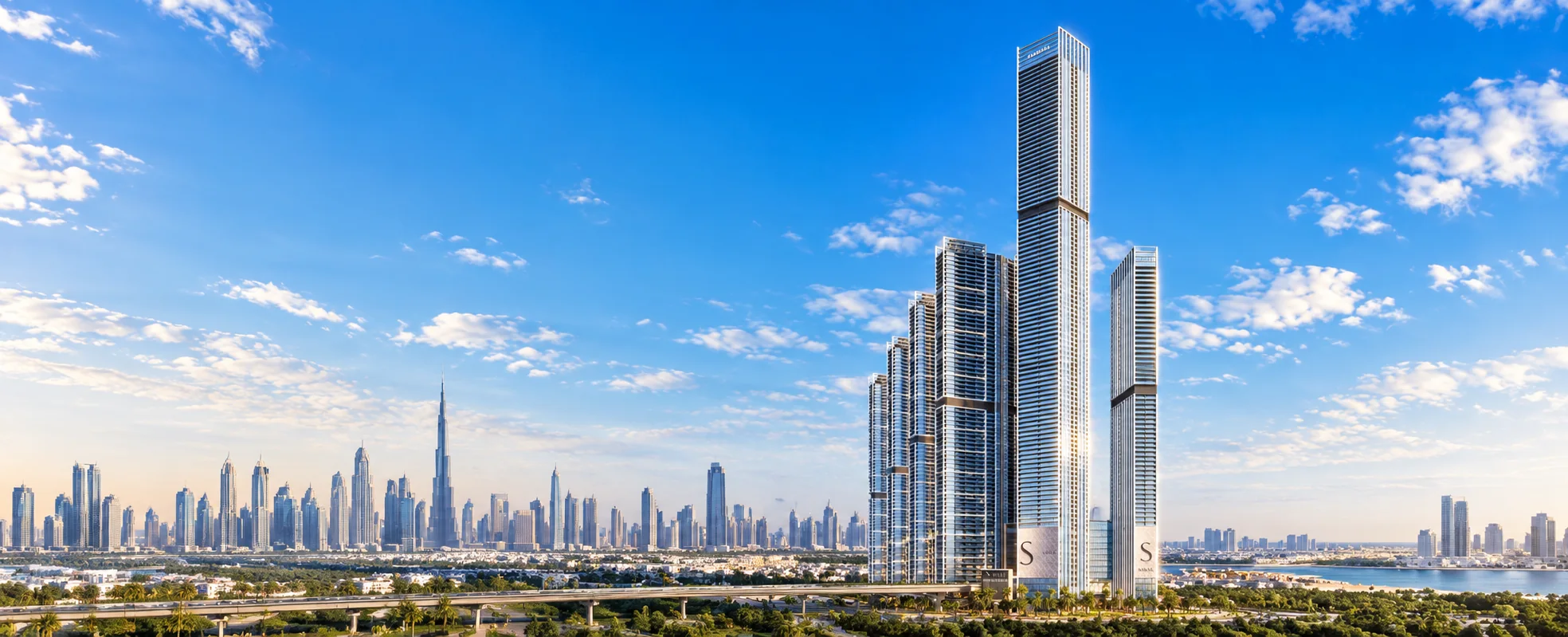 Artist's impression of The Pinnacle and the Sobha Central towers on Sheikh Zayed Road, with the Dubai skyline and Burj Khalifa in the distance