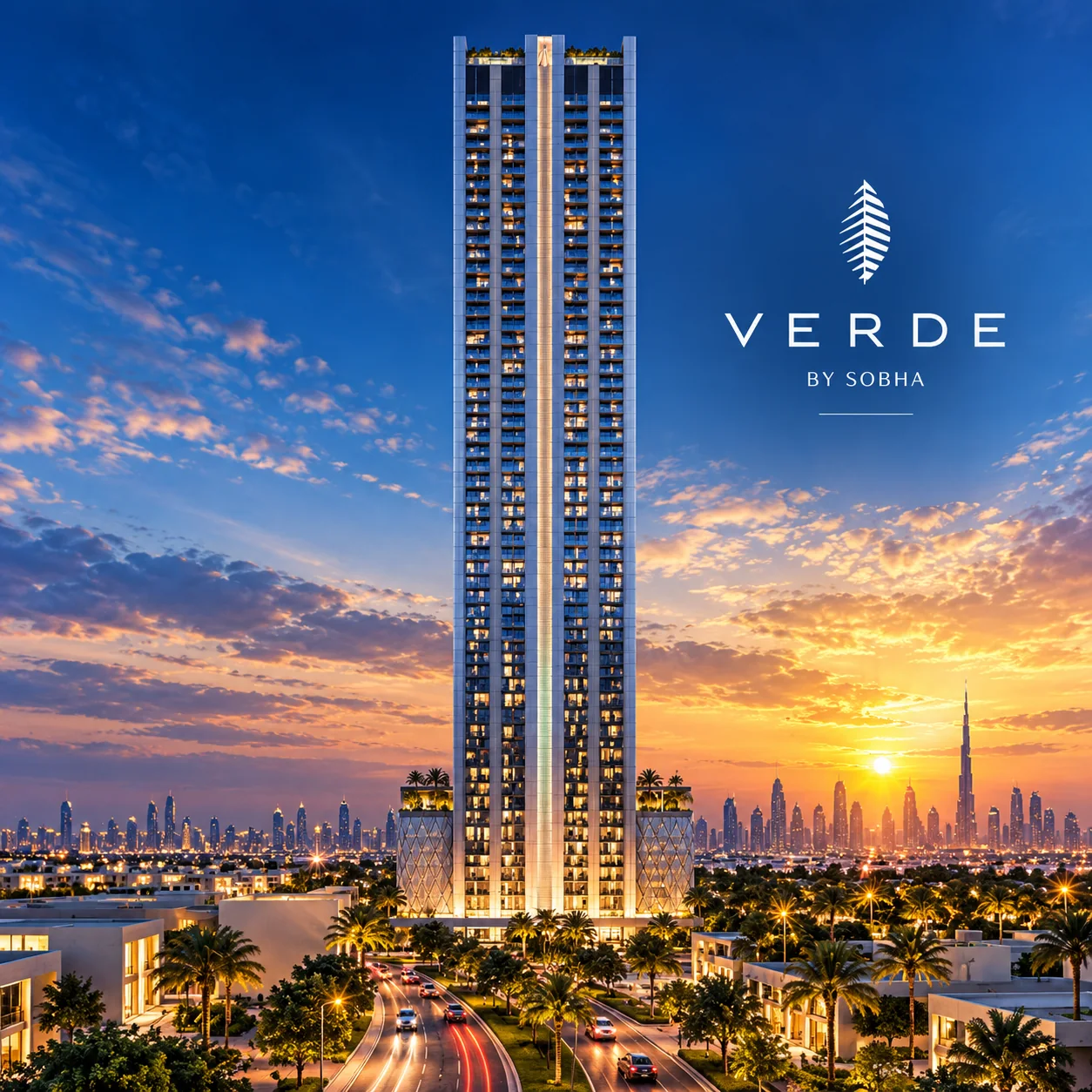 Verde by Sobha tower in Jumeirah Lake Towers at dusk with Burj Khalifa in the distance