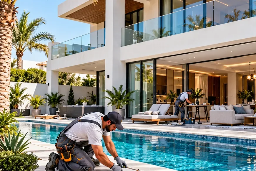 Illustrative image: a worker laying paving beside the pool of a renovated modern villa